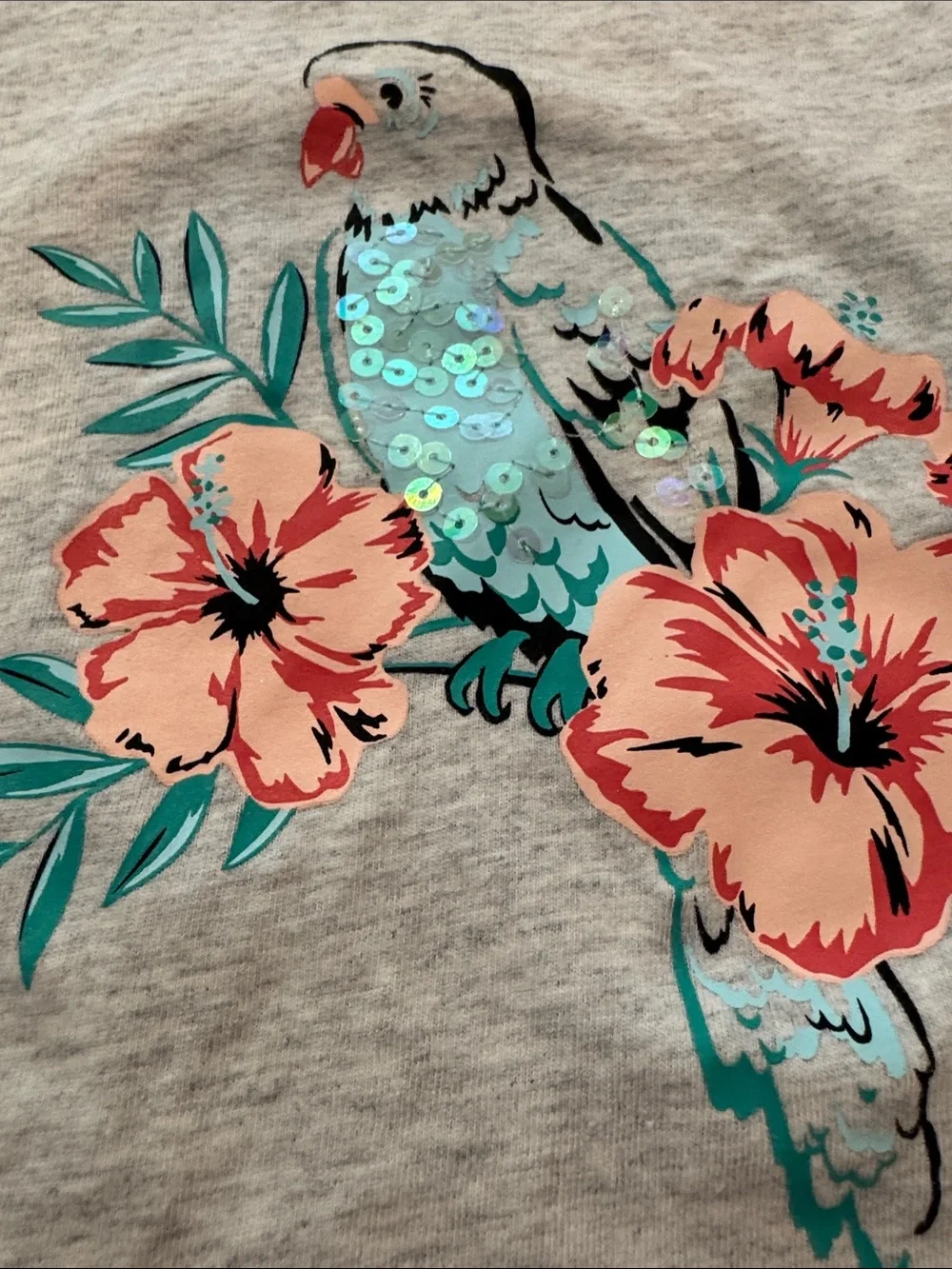 Girls' Heather Gray Parrot & Floral Sequin Tee